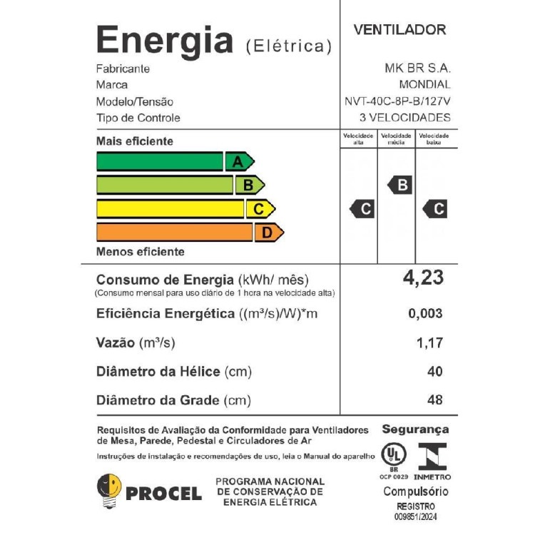 Ventilador de Coluna Mondial NVT-40C-8P-B Turbo 40CM 8 Pás Preto