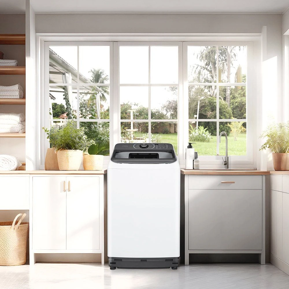 Modern top load washing machine in a clean laundry room