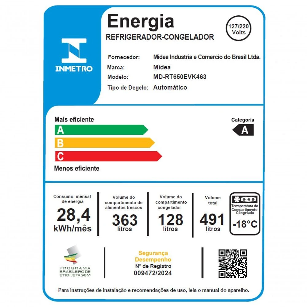 Refrigerador Midea Frost Free Duplex 491L Inverter Inox Bivolt MD